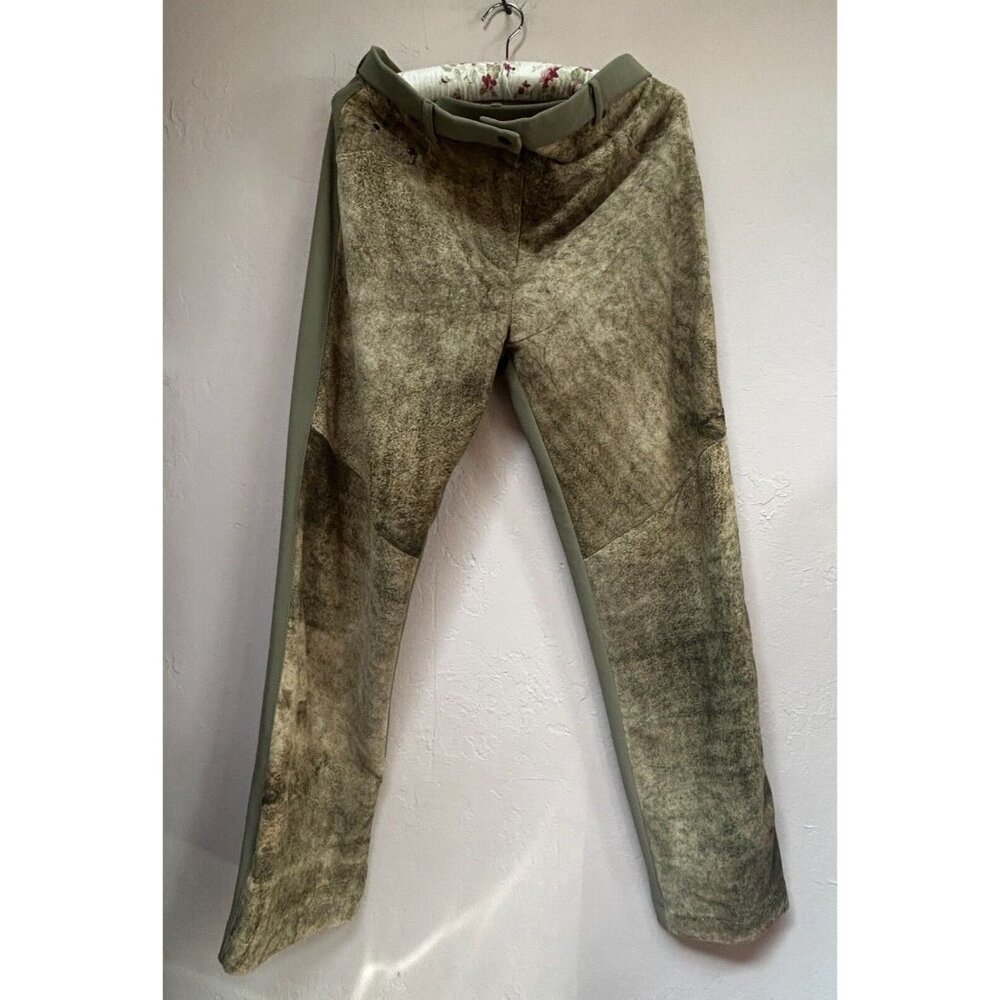 Mitchies Matchings Womens Suede Front Straight Leg Pants XL Green Abstract Snap
